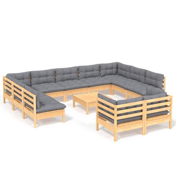 12-tlg. Garten-Lounge-Set mit Grauen Kissen Kiefer Massivholz