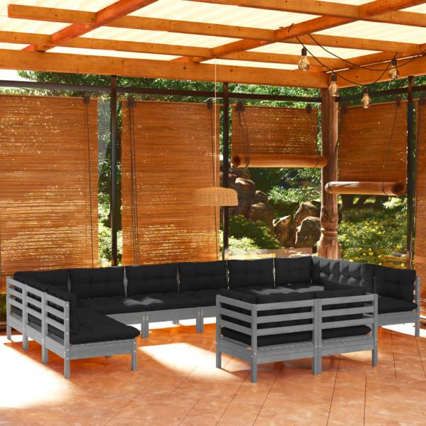 ARDEBO.de - 12-tlg. Garten-Lounge-Set mit Kissen Grau Kiefer Massivholz