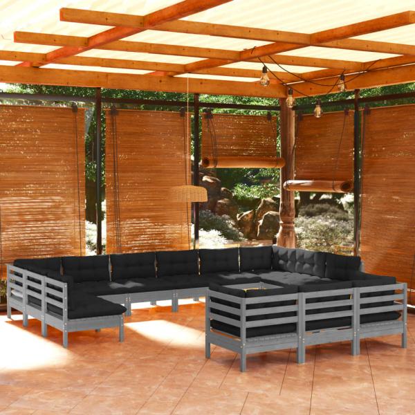 ARDEBO.de - 13-tlg. Garten-Lounge-Set mit Kissen Grau Kiefernholz