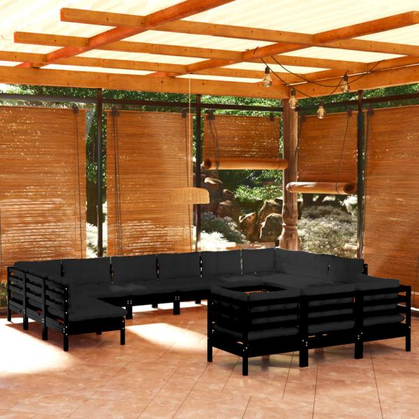 ARDEBO.de - 13-tlg. Garten-Lounge-Set mit Kissen Schwarz Kiefernholz