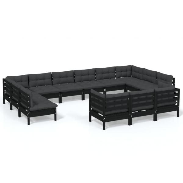 13-tlg. Garten-Lounge-Set mit Kissen Schwarz Kiefernholz