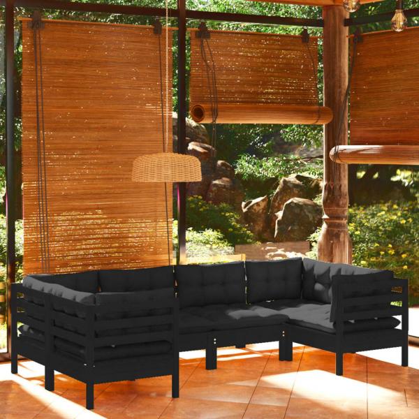 ARDEBO.de - 6-tlg. Garten-Lounge-Set mit Kissen Schwarz Kiefernholz