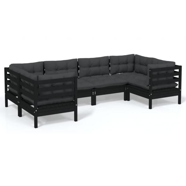 6-tlg. Garten-Lounge-Set mit Kissen Schwarz Kiefernholz