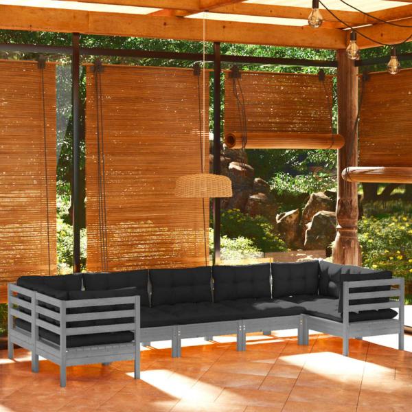 ARDEBO.de - 7-tlg. Garten-Lounge-Set mit Kissen Grau Kiefernholz