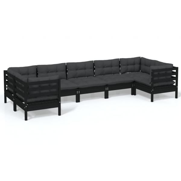 7-tlg. Garten-Lounge-Set mit Kissen Schwarz Kiefernholz