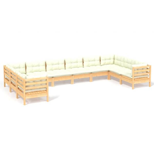 10-tlg. Garten-Lounge-Set mit Creme Kissen Kiefernholz