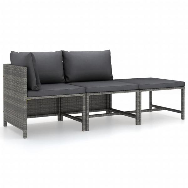 3-tlg. Garten-Lounge-Set mit Kissen Poly Rattan Grau