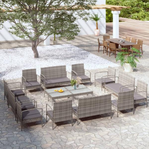 ARDEBO.de - 16-tlg. Garten-Lounge-Set mit Auflagen Poly Rattan Grau