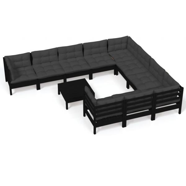 11-tlg. Garten-Lounge-Set mit Kissen Schwarz Kiefernholz