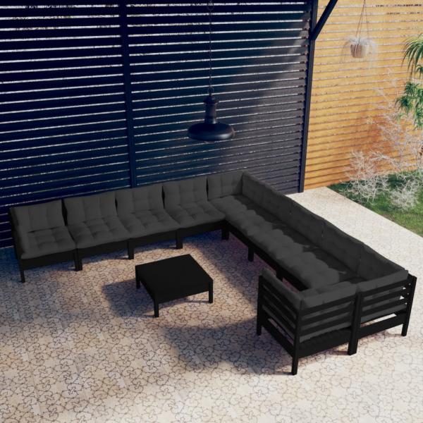 ARDEBO.de - 11-tlg. Garten-Lounge-Set mit Kissen Schwarz Kiefernholz