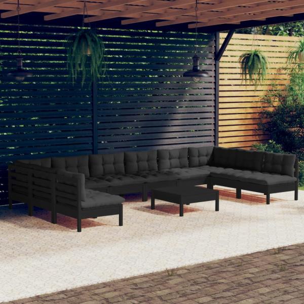 ARDEBO.de - 11-tlg. Garten-Lounge-Set mit Kissen Schwarz Kiefer Massivholz