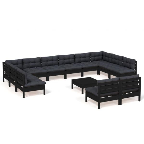 13-tlg. Garten-Lounge-Set mit Kissen Schwarz Kiefer Massivholz