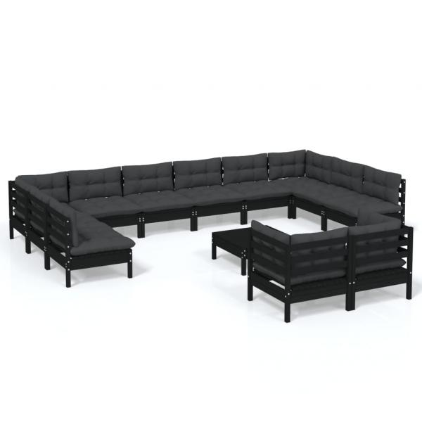 13-tlg. Garten-Lounge-Set mit Kissen Schwarz Kiefernholz