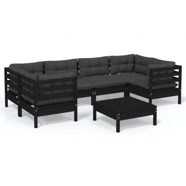 7-tlg. Garten-Lounge-Set mit Kissen Schwarz Kiefernholz