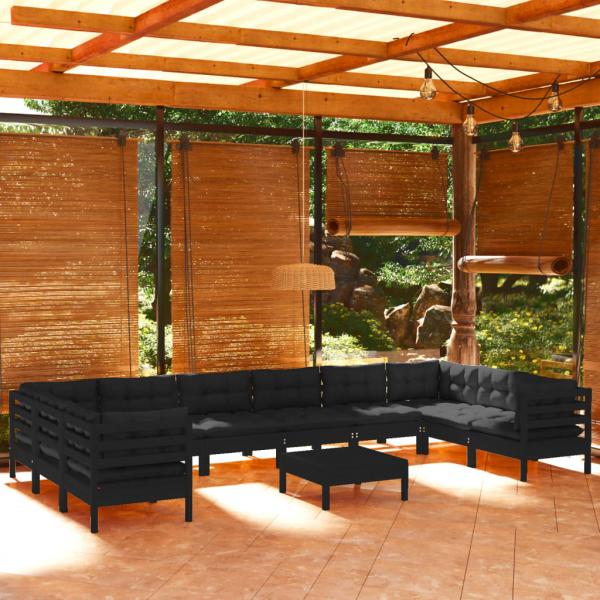 ARDEBO.de - 11-tlg. Garten-Lounge-Set mit Kissen Schwarz Kiefernholz