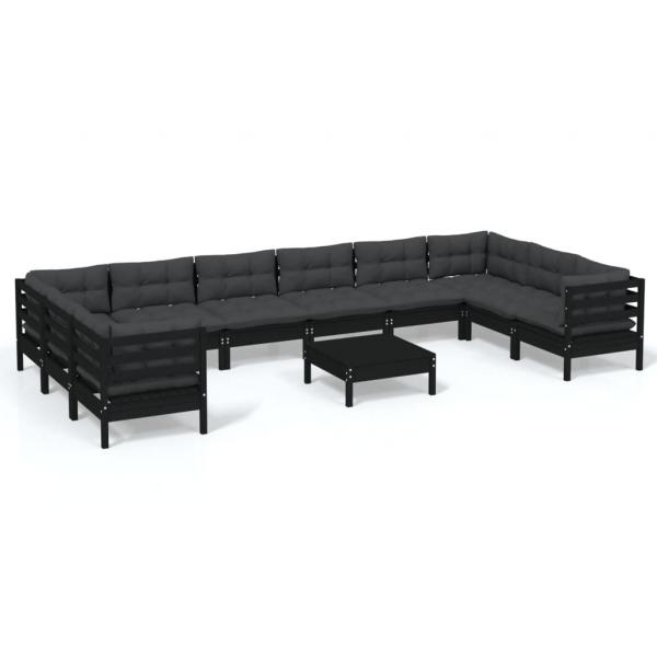 11-tlg. Garten-Lounge-Set mit Kissen Schwarz Kiefernholz