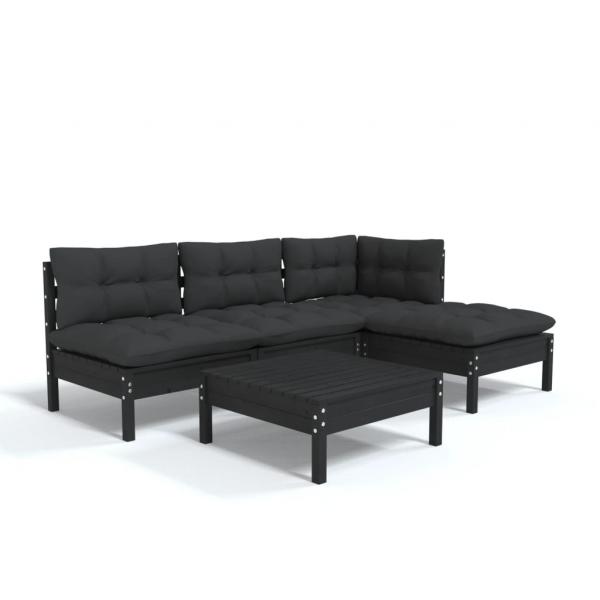 5-tlg. Garten-Lounge-Set mit Kissen Schwarz Kiefernholz