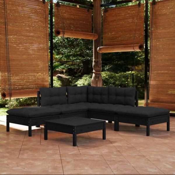 ARDEBO.de - 6-tlg. Garten-Lounge-Set mit Kissen Schwarz Kiefernholz