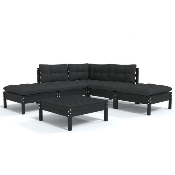 6-tlg. Garten-Lounge-Set mit Kissen Schwarz Kiefernholz