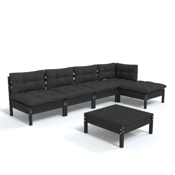 6-tlg. Garten-Lounge-Set mit Kissen Schwarz Kiefernholz