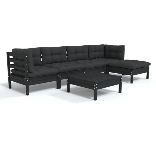 6-tlg. Garten-Lounge-Set mit Kissen Schwarz Kiefernholz