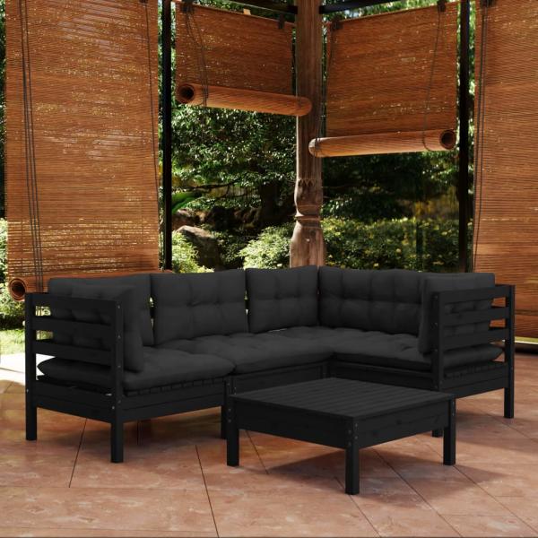 ARDEBO.de - 5-tlg. Garten-Lounge-Set mit Kissen Schwarz Kiefernholz