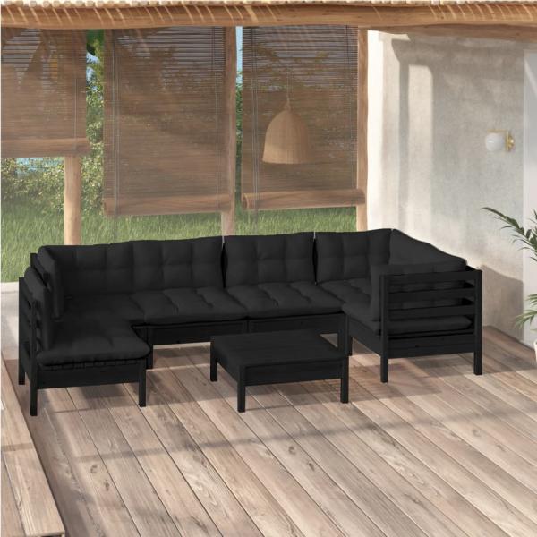 ARDEBO.de - 7-tlg. Garten-Lounge-Set mit Kissen Schwarz Kiefernholz