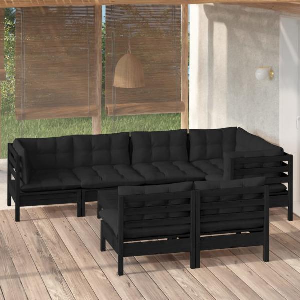 ARDEBO.de - 8-tlg. Garten-Lounge-Set mit Kissen Schwarz Massivholz Kiefer