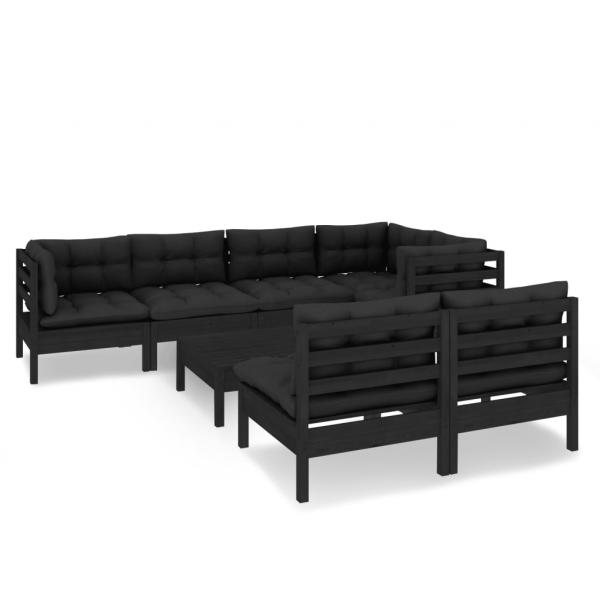 8-tlg. Garten-Lounge-Set mit Kissen Schwarz Massivholz Kiefer