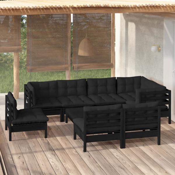 ARDEBO.de - 9-tlg. Garten-Lounge-Set mit Kissen Schwarz Massivholz Kiefer