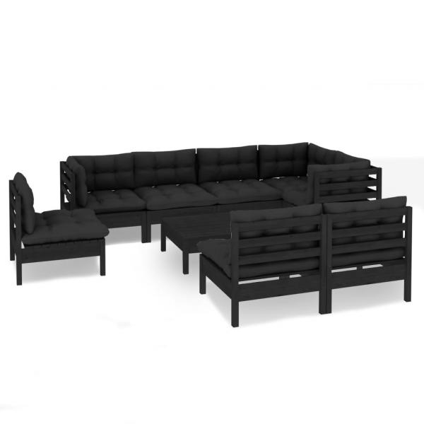 9-tlg. Garten-Lounge-Set mit Kissen Schwarz Massivholz Kiefer