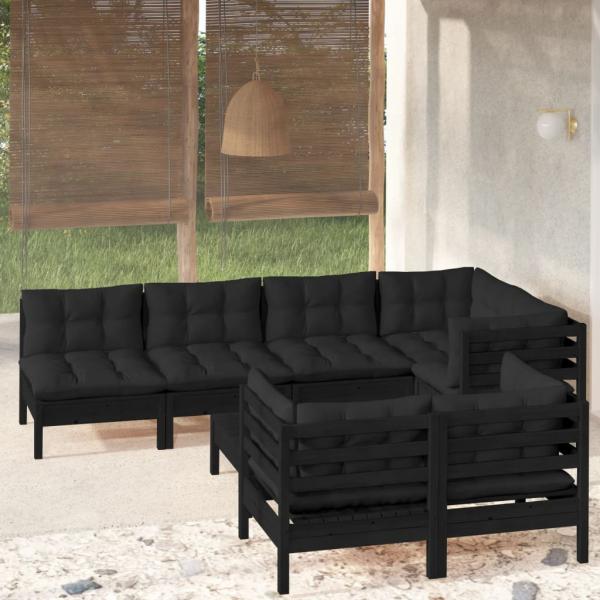 ARDEBO.de - 8-tlg. Garten-Lounge-Set mit Kissen Schwarz Massivholz Kiefer