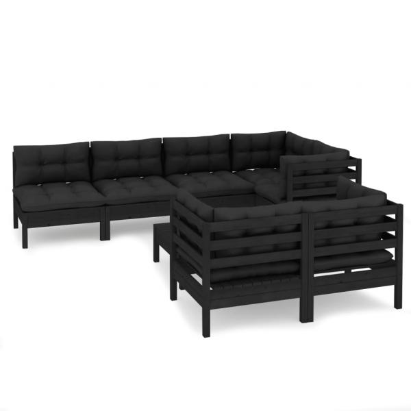 8-tlg. Garten-Lounge-Set mit Kissen Schwarz Massivholz Kiefer