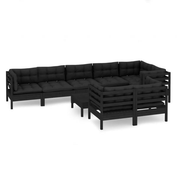 9-tlg. Garten-Lounge-Set mit Kissen Schwarz Massivholz Kiefer