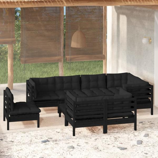 ARDEBO.de - 9-tlg. Garten-Lounge-Set mit Kissen Schwarz Massivholz Kiefer