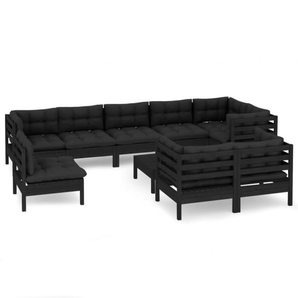 10-tlg. Garten-Lounge-Set mit Kissen Schwarz Massivholz Kiefer