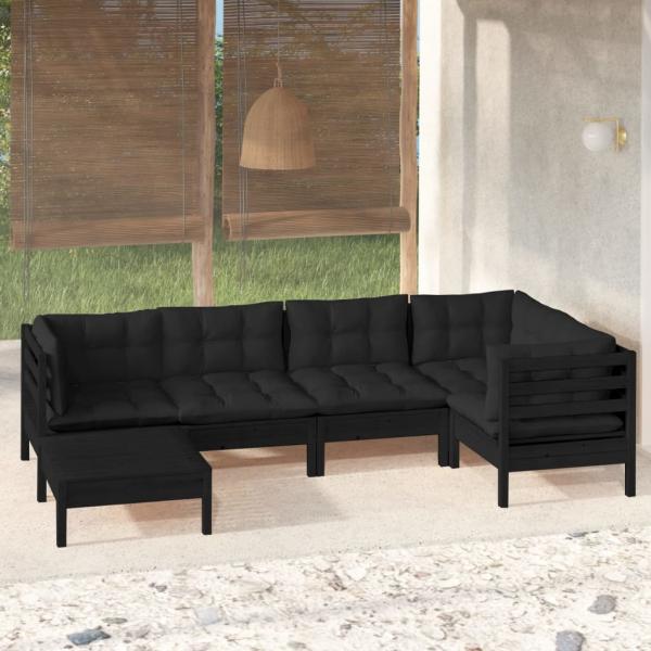 ARDEBO.de - 6-tlg. Garten-Lounge-Set mit Kissen Schwarz Massivholz Kiefer