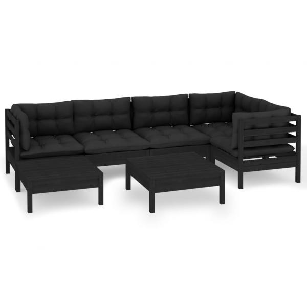 7-tlg. Garten-Lounge-Set mit Kissen Schwarz Kiefer Massivholz