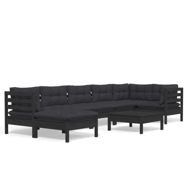 8-tlg. Garten-Lounge-Set mit Kissen Schwarz Kiefer Massivholz