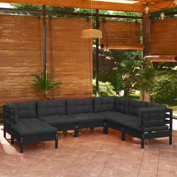 ARDEBO.de - 7-tlg. Garten-Lounge-Set mit Kissen Schwarz Massivholz Kiefer