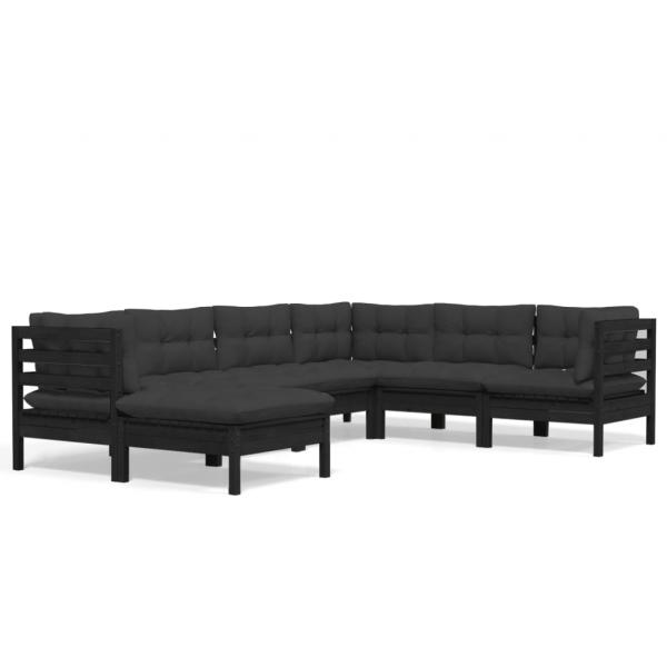 7-tlg. Garten-Lounge-Set mit Kissen Schwarz Massivholz Kiefer