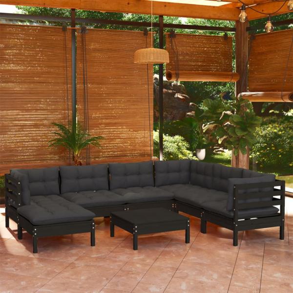 ARDEBO.de - 8-tlg. Garten-Lounge-Set mit Kissen Schwarz Kiefer Massivholz