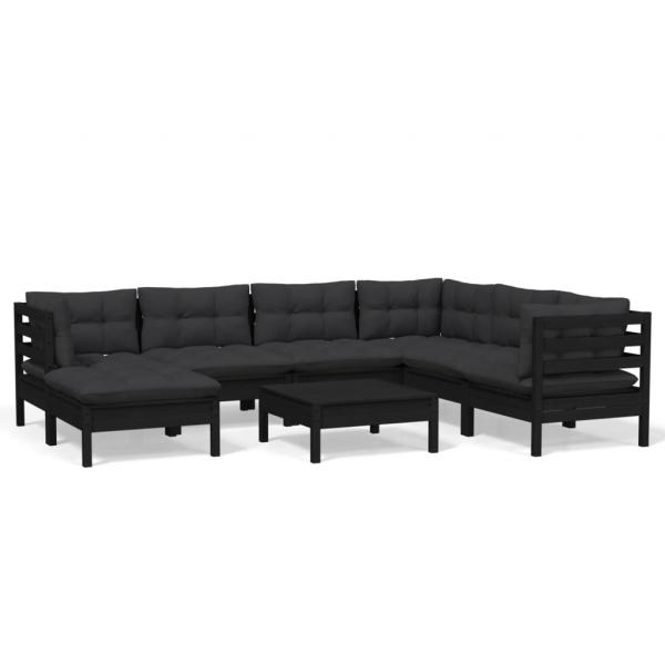 8-tlg. Garten-Lounge-Set mit Kissen Schwarz Kiefer Massivholz