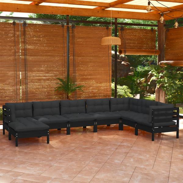 ARDEBO.de - 8-tlg. Garten-Lounge-Set mit Kissen Schwarz Massivholz Kiefer