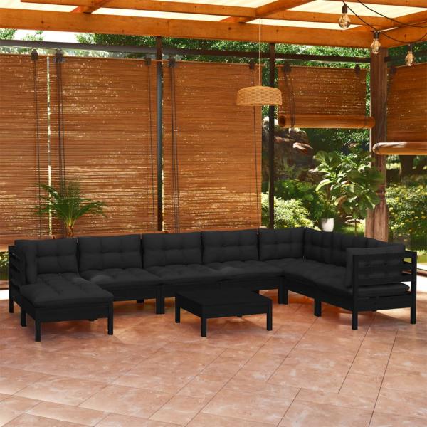 ARDEBO.de - 9-tlg. Garten-Lounge-Set mit Kissen Schwarz Kiefer Massivholz