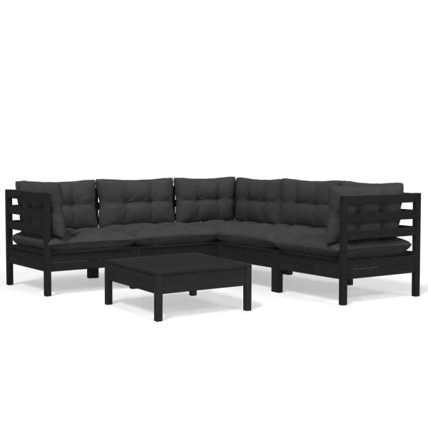 6-tlg. Garten-Lounge-Set mit Kissen Schwarz Massivholz Kiefer