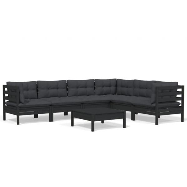 7-tlg. Garten-Lounge-Set mit Kissen Schwarz Massivholz Kiefer