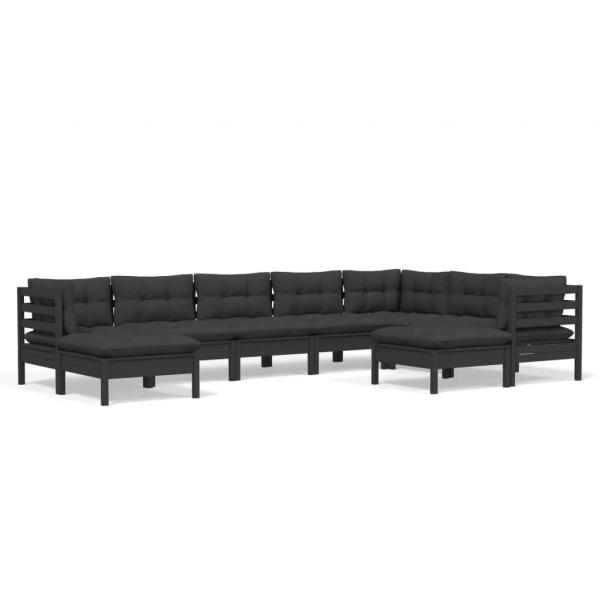 9-tlg. Garten-Lounge-Set mit Kissen Schwarz Kiefer Massivholz