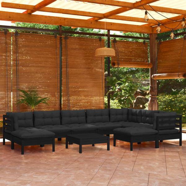 ARDEBO.de - 10-tlg. Garten-Lounge-Set mit Kissen Schwarz Kiefer Massivholz