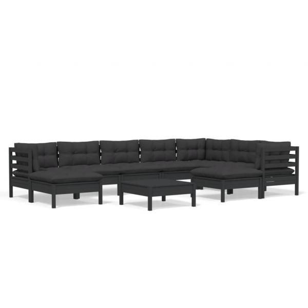 10-tlg. Garten-Lounge-Set mit Kissen Schwarz Kiefer Massivholz